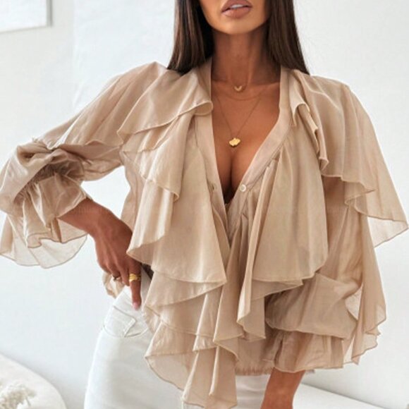 Apricot Casual Boho Women's V-Neck Lantern Sleeve Top - Picture 3 of 5